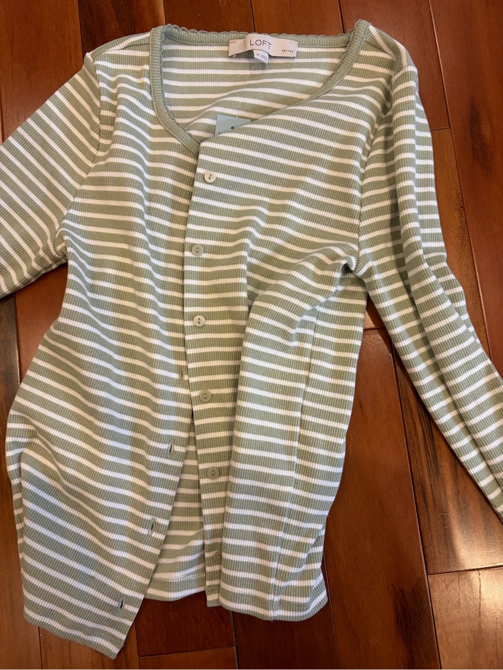 LOFT Green and White Striped Ribbed Top